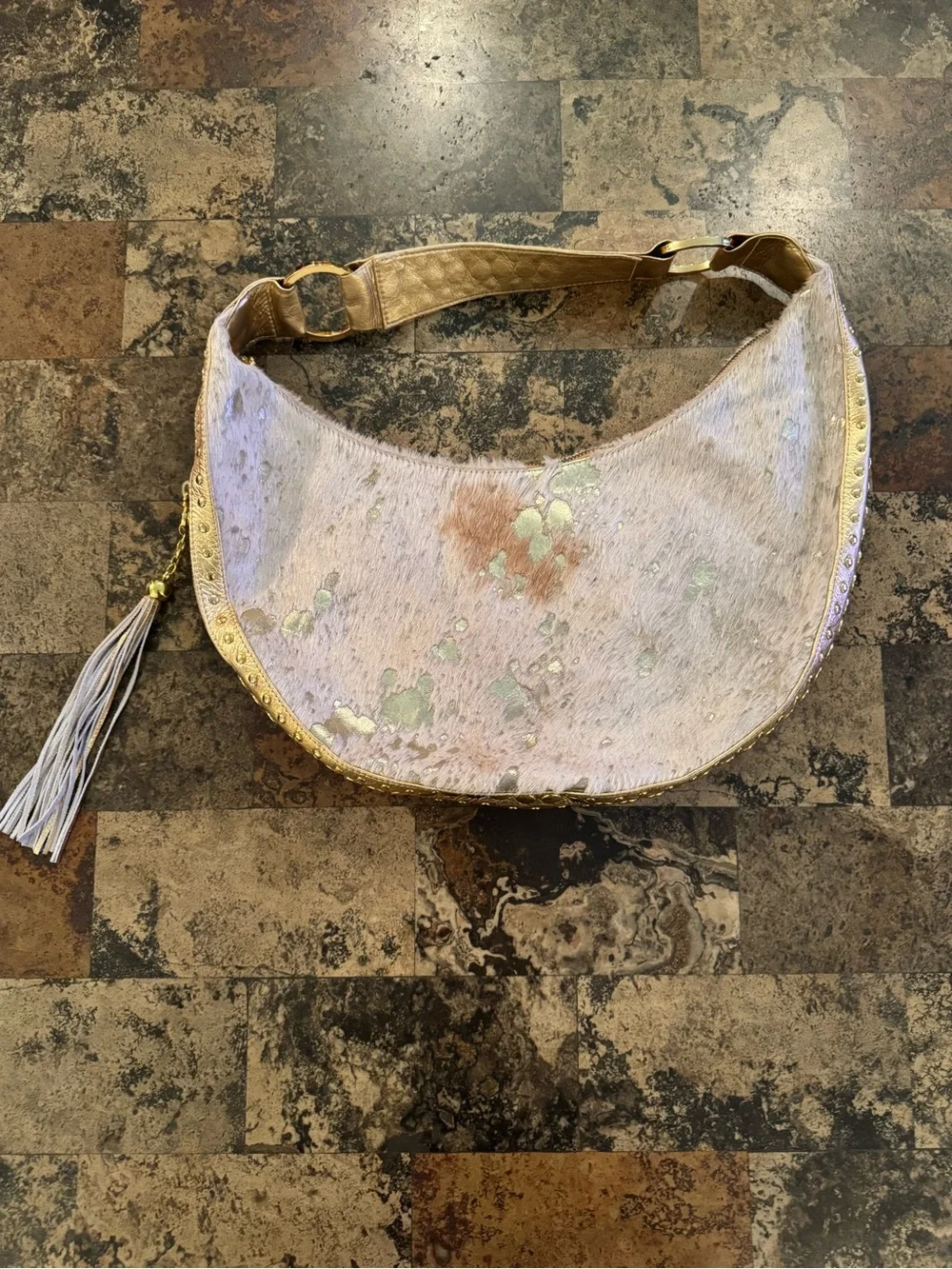 Junior Drake Gold Studded with metallic Cowhide Hobo Bag Fringed Tassel